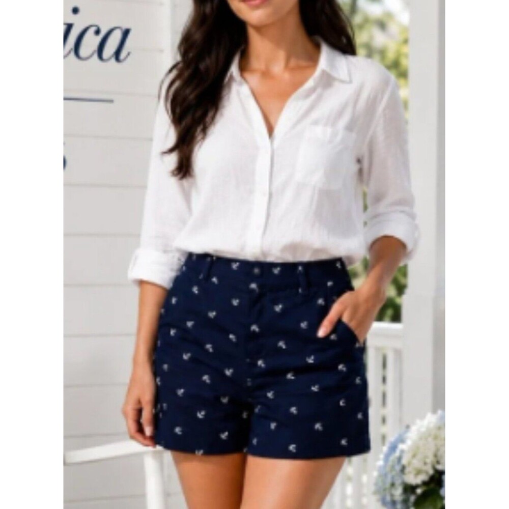 Nautica Navy Seas Anchor Print Classic Fit Cotton Stretch Shorts Mid Rise Sz 4